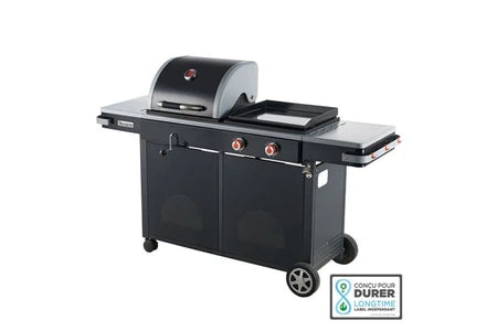 Barbecue à charbon Brasero Barbecue Bi-Energy L 2 Feux - - Barbecue Charbon et Plancha Gaz 48 x 42 cm, 7,2 kW, Noir